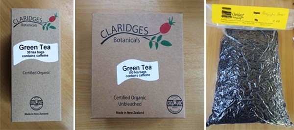 Claridges Botanicals brand Green Tea Bags and Houjicha Tea Leaves