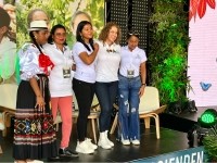 Alejandra Sarasty, Chief Global B2B Officer, Cordillera Chocolate, (second right) with some of the female cocoa farmers at the launch of the ATENEA programme. Pic: CN