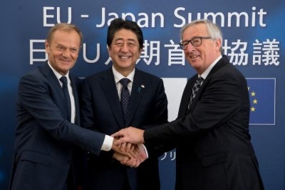 Donald Tusk, President of the European Council; Shinzo Abe, Japanese Prime Minister; and Jean-Cluade Juncker, President of the EC