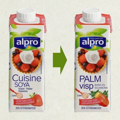 Danone's Alpro Cuisine Soya Whippable product (left) has been voted the 2019 'food bluff of the year' by consumers in Sweden. Äkta Vara suggests the product be rebranded 'Best Quality Palm Whip' (right).  Image source: Äkta Vara 