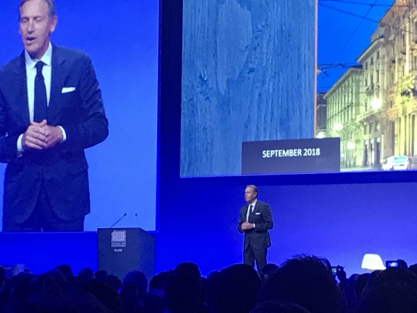 Howard Schultz speaks at the Seeds & Chips food innovation conference in Milan, 7 May