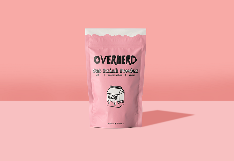 Overherd is trading in conventional milk cartons for a lightweight pouch, with each unit capable of producing eight litres of instant oat milk, ‘on demand’. Image source: Overherd