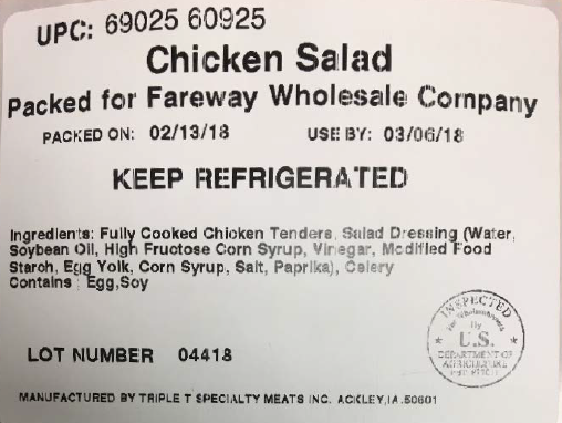 Label of recalled Triple T Specialty Meats chicken salad 