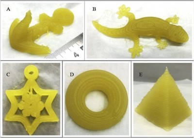 Pictures of some products printed at 24 mm3/s extruded rate, 30 mm/s nozzle moving speed and 1.0 mm nozzle diameter (A. Anchor, B. Gecko, C. Snowflake, D. Ring, E. Tetrahedron). ©Fanli Yang, Min Zhang, Bhesh Bhandari, Yaping Liu