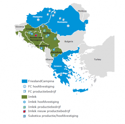 The map shows FrieslandCampina's current presence in Southeast Europe (blue), and that of takeover targets Imlek and Mlekara Subotica