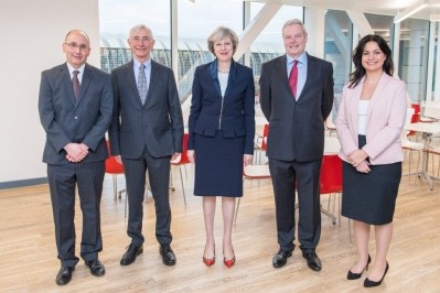 Picture: Sanger Institute, Genome Research. L-R: Mike Stratton, Sir John Chisholm, Theresa May, David Bentley, Heidi Allen MP
