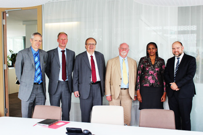 Picture: WTO. From L-R: John Breckenridge (WTO, Financial Management Service), Melvin Spreij (STDF Unit), Walter Werner (German Mission Geneva, WTO-Ambassador), Evan Rogerson (WTO, director of agriculture and commodities division), Nthisana Phillips, (WTO, director of administration and general services division); Stephan Rudolph (German Mission Geneva, agricultural affairs officer).