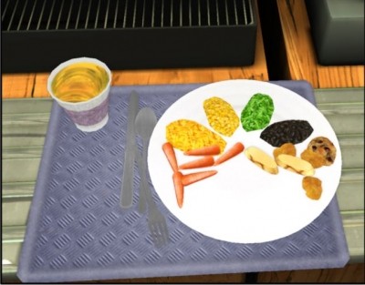 Participant tray in the virtual world including a plate containing steamed carrots, macaroni & cheese, corn, green beans, black beans, grilled chicken, chicken nuggets, and a cookie. The cup contains apple juice. ©National Human Genome Research Institute (NHGRI), USA