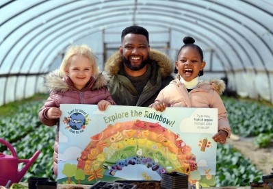 Organix wants pre-schoolers to 'explore the rainbow' of fruit and veg with brand ambassador JB Gill / Pic: Organix 